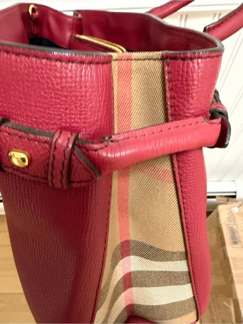 Burberry Burgundy Leather Satchel with Gold Hardware